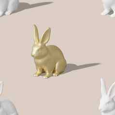 无缝的等角模式金白色复活节兔子米色背景时尚的设计打印纺织包装纸硬光阴影快乐复活节无缝的纹理渲染