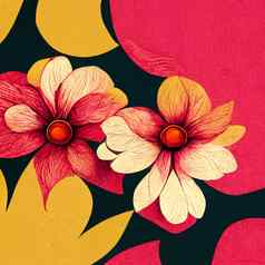 粉红色的黄色的摘要花模式插图打印墙艺术封面邀请