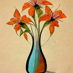 花瓶春天橙色花花束极简主义古董风格