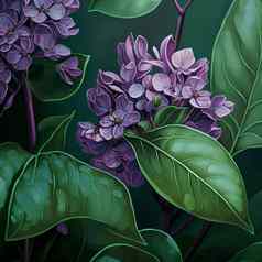 淡紫色花叶子特写镜头现实的绘画
