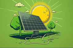 绿色地球替代来源能源太阳能面板背景绿色草地艺术