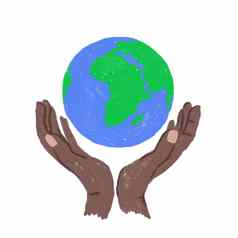 手画插图地球一天全球地球生态保护黑色的非洲美国手持有蓝色的绿色球海洋土地生态环境概念污染图标象征