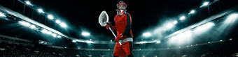 长曲棍球球员运动员运动员红色的头盔体育场背景灯体育运动动机壁纸宽横幅