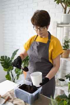 中间岁的女人围裙衣服需要护理盆栽植物能首页园艺花卉栽培房子绿色植物cottagecore植物花店概念