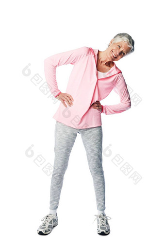 锻炼健身高级女人肖像伸展运动健康健康工作室身体快乐健康的女孤立的白色背景动机能源退休