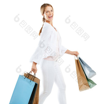 女人快乐购物袋时尚零售购物客户孤立的白色背景微笑肖像奢侈品设计师品牌衣服纸袋礼物折扣出售