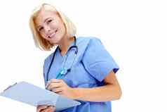 肖像医疗保健剪贴板护士女人工作室孤立的白色背景保险医院健康医疗女医学专业写作文档