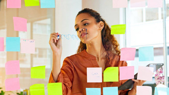 女设计师规划的想法玻璃墙色彩斑斓的黏糊糊的笔记内部现代有创意的办公室忙业务女人享受工作头脑风暴项目管理项目
