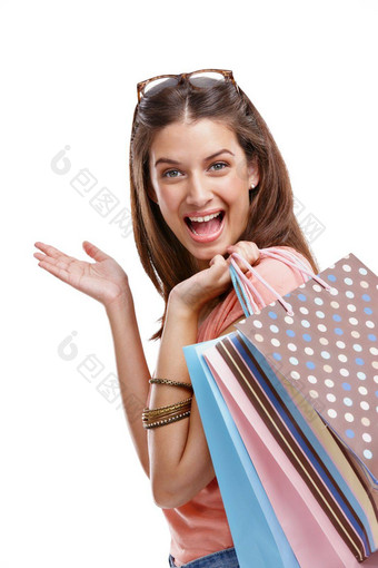 女人购物纸袋零售肖像时尚快乐客户孤立的白色背景折扣出售兴奋客户购物袋奢侈品设计师品牌衣服