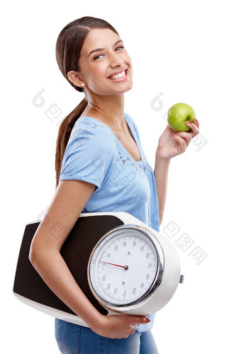 苹果规模饮食女人孤立的白色背景工作室健康失去重量肖像绿色水果健康的目标模型微笑排毒结果食物健康市场营销模型