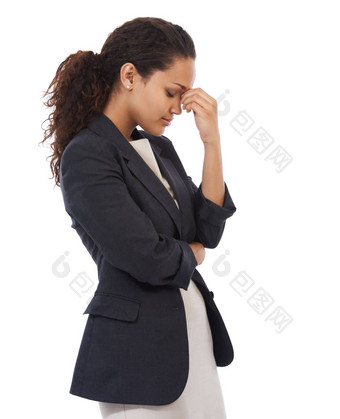 累了焦虑工作压力黑色的女人业务工人头疼白色背景企业工人孤立的垂直模型企业家沮丧工作失败