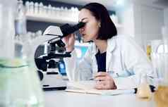 科学显微镜写作医生女人研究实验室创新医疗保健变焦笔记本女科学家工作实验室医疗发展