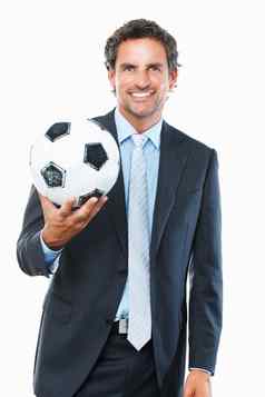 执行持有足球肖像业务男人。持有足球白色背景