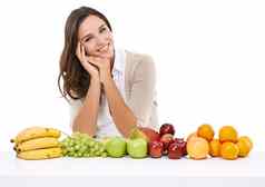 女人快乐肖像水果工作室营养健康的饮食维生素动机工作室人微笑脸食物营养学家自然纤维有机食物身体医疗保健