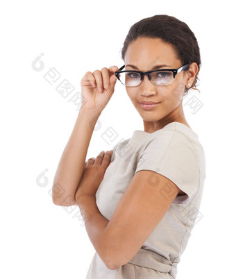 肖像愿景眼镜黑色的女人工作室白色背景处方镜头眼睛眼镜验光女摆姿势演出眼睛测试眼镜商