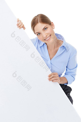业务女人肖像广告海报空间广告牌模型标志品牌横幅快乐女品牌公告产品放置市场营销孤立的白色背景