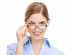 业务女人微笑肖像眼镜眼睛护理愿景健康镜头框架快乐眼科学幸福眼睛护理眼镜员工验光成功白色背景