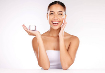 护肤品奶油肖像女人工作室化妆品发光发光产品促销活动市场营销广告模型脸年轻的模型皮肤病学皮肤护理面部健康