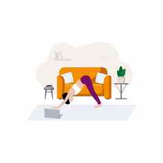 纤细的女孩瑜伽练习首页首页室内沙发货架上概念健康的生活方式体育活动培训瑜伽提出了向量平卡通插图