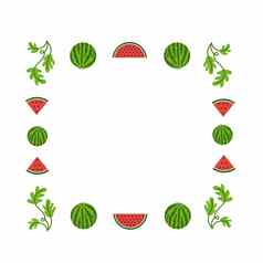 广场框架使照片西瓜西瓜片叶子设计水果夏天节日西瓜节日向量卡通插图