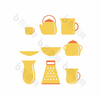 集黄色的厨房餐具家庭项目玻璃水壶碗茶向量平插图剪纸艺术<strong>主题</strong>烹饪图标咖啡馆餐厅<strong>酒吧</strong>厨房