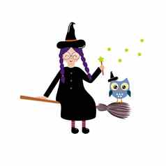 可爱的女巫猫头鹰飞扫帚召唤孩子们的平向量卡通插图万圣节假期节日女巫吸血鬼狼人