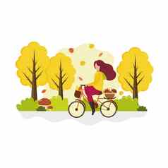 女孩游乐设施自行车秋天森林蘑菇概念户外娱乐体育健康向量卡通平插图