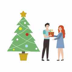 男人。女人大礼物圣诞节树节日向量插图一年圣诞节平字符孤立的白色背景丈夫妻子庆祝假期