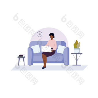 非裔美国人女人坐着沙发上打字电脑黑色的女孩作品首页移动PC概念自由职业工作首页在线学习向量平插图