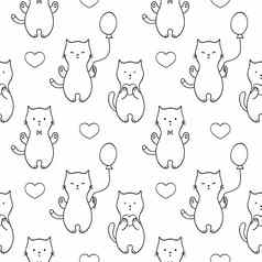 无缝的没完没了的模式可爱的小猫猫气球集向量涂鸦插图背景织物打印壁纸纺织品包装纸书封面