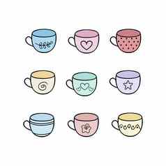 集多色的茶杯子集合涂鸦眼镜厨房咖啡馆餐厅向量卡通涂鸦插图菜