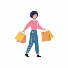 女孩购物购物中心女人携带购物袋手促销活动折扣销售向量平女字符