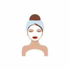 脸美丽的女孩毛巾头白色化妆品面具脸向量插图卡通概念身体脸眼睛护理标志美沙龙水疗中心修指甲