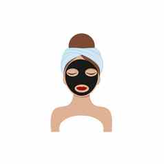 脸美丽的女孩毛巾头黑色的木炭面具脸向量插图卡通概念身体脸眼睛护理美容师服务