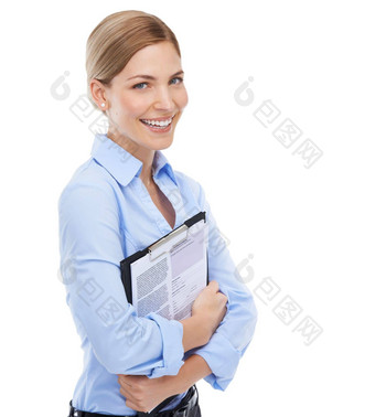 业务女人肖像文档剪贴板白色背景审查招聘工作面试微笑快乐工人人类资源女人合同孤立的招聘