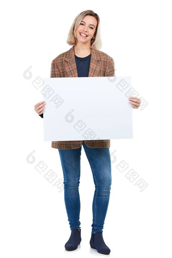 肖像海报女人标志模型市场营销广告空间工作室孤立的白色背景品牌产品放置女横幅模拟促销活动