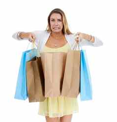 女人购物哦袋工作室肖像费用惊喜白色背景模型购物袋孤立的后悔时尚出售折扣支出购物狂