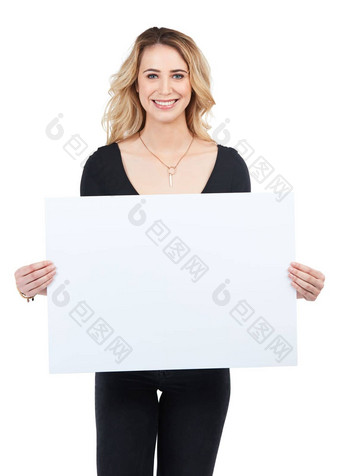 快乐女人海报模型标志肖像空间广告出售促销活动交易模型广告牌纸横幅品牌标志折扣孤立的白色背景工作室