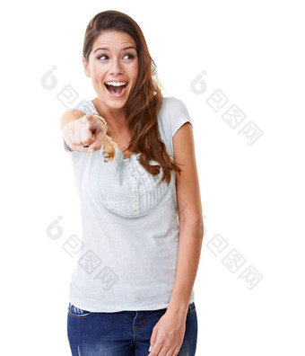 笑欺凌女人指出工作室孤立的白色背景幽默羞愧嘲笑手势身体语言女孩点手指的态度使有趣的笑笑话