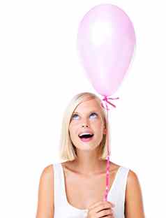 气球兴奋年轻的女人生日情人节一天现在工作室孤立的白色背景可爱的模型幸福快乐思考乐观微笑聚会，派对