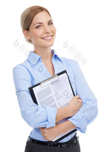 管理肖像纸剪贴板孤立的白色背景审查招聘工作面试微笑快乐工人人类资源女人合同文档招聘