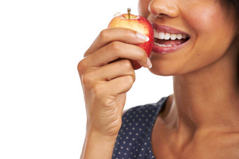 苹果水果模型口咬健康的食物饮食有机生活方式模拟饿了健康吃水果黑色的女人快乐零食选择重量损失模型