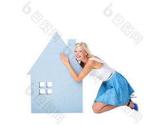 真正的房地产房子图标女人地板上白色背景财产投资抵押贷款贷款房主市场房地产经纪人孤立的女孩拥抱首页住宅公寓租金