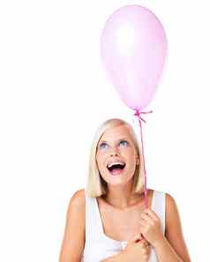 气球兴奋快乐女人生日情人节一天现在工作室孤立的白色背景可爱的模型幸福脸快乐思考微笑聚会，派对