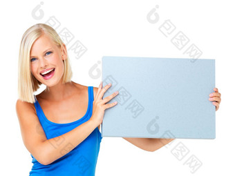 模型交易女人海报广告市场营销广告牌出售交易赠品肖像金发女郎女显示品牌董事会孤立的工作室白色背景