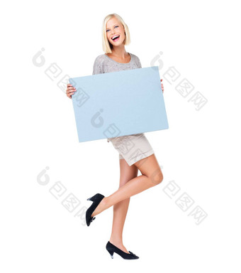 交易海报女人持有董事会广告市场营销广告牌出售模型赠品肖像金发女郎女显示品牌品牌孤立的工作室白色背景