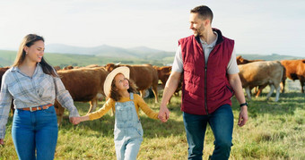 农民家庭牛农场场走女孩父母成键自然享受谈话放松农业可持续发展的业务快乐家庭有趣的农村