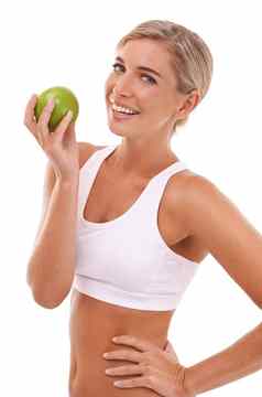 苹果健康营养肖像女人水果产品失去重量饮食身体排毒健康生活方式医疗保健模型营养学家食物素食主义者女孩白色背景工作室