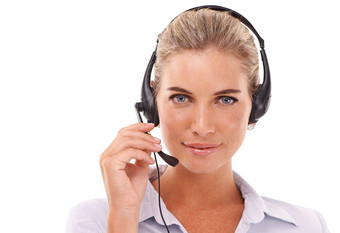 客户服务沟通脸肖像女人说话联系crm电话销售调用中心电信麦克风客户支持顾问咨询白色背景工作室