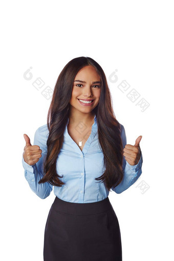 业务女人微笑拇指折扣交易赢得白色工作室背景肖像孤立的快乐女员工模型站thumbsup好工作出售